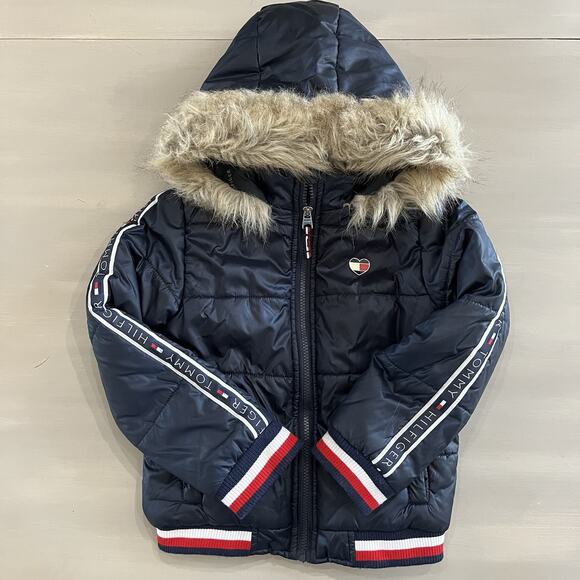 Tommy Hilfiger Unisex Kids Puffer Coat Jacket Hood Faux Fur Heart Logo 6X Blue - Picture 1 of 11